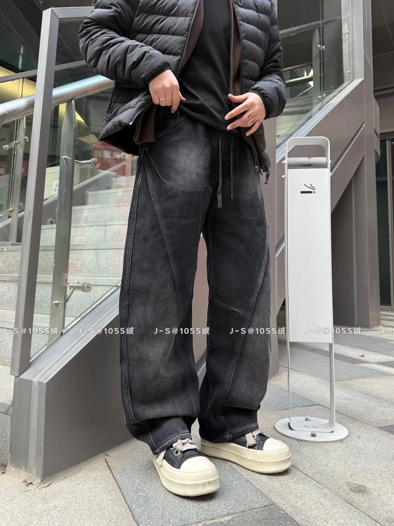 2025冬季加绒做旧水洗长裤加绒做旧男牛仔裤设计感宽松冬季复古