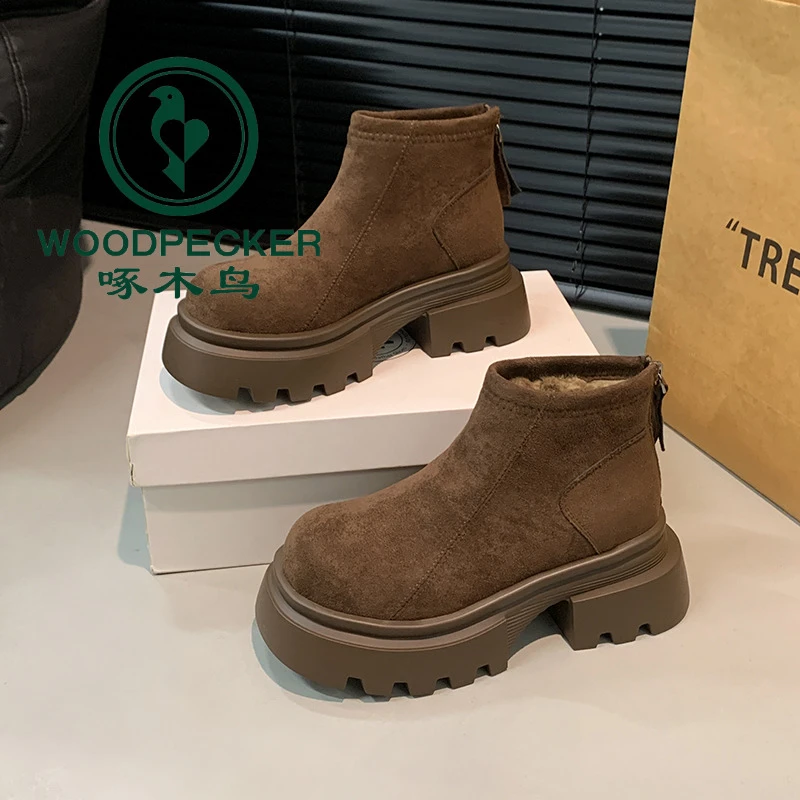 啄木鸟厚底雪地靴女款加绒加厚勃肯马丁靴短靴2024冬季东北大棉鞋