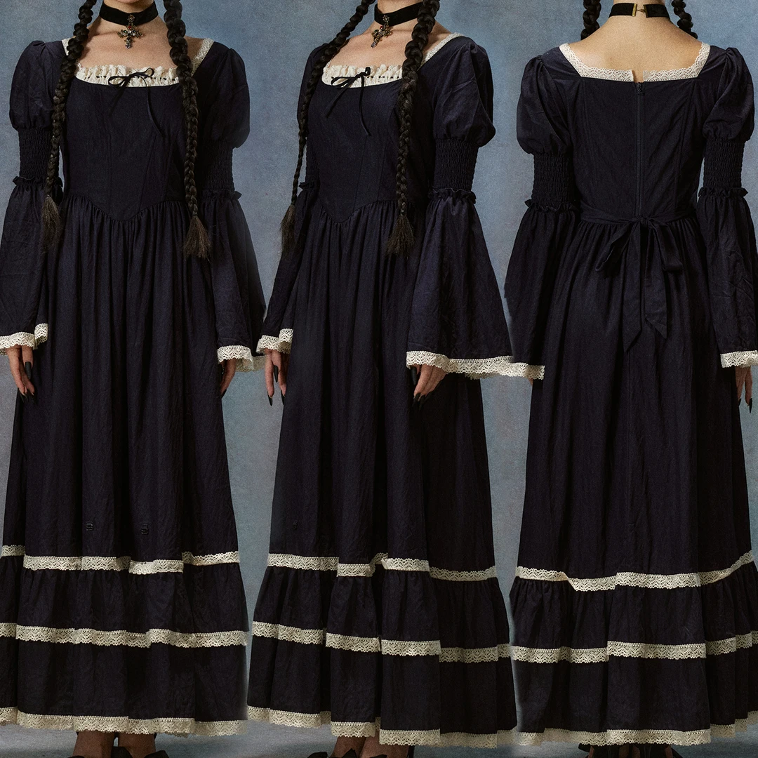 LaceMade 深蓝华尔兹 法式宫廷风万圣节蕾丝大裙摆两穿鱼骨连衣裙