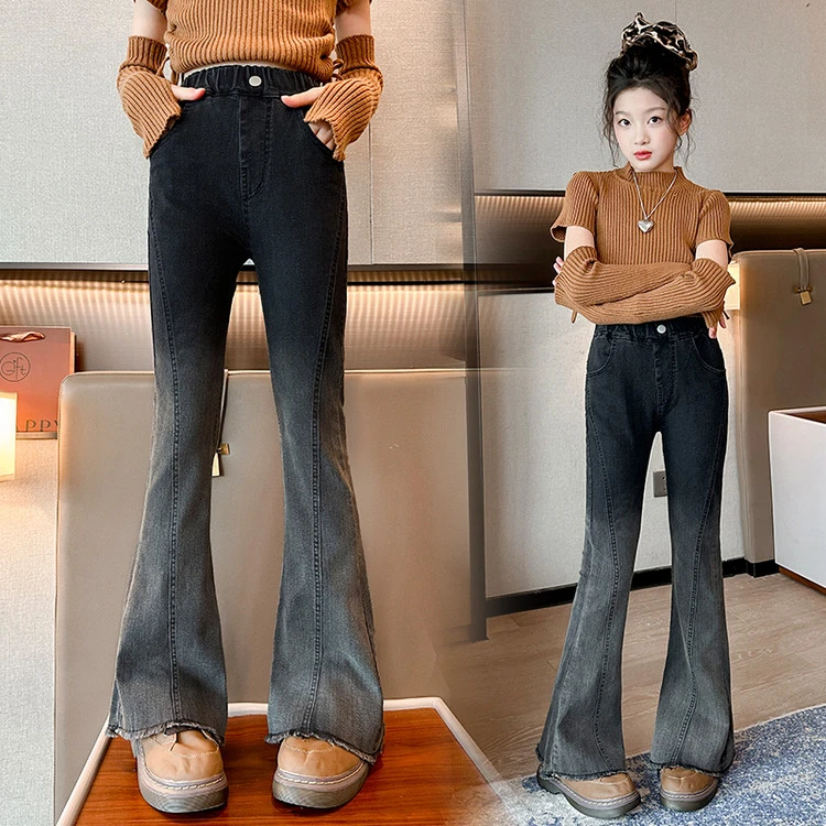 女童牛仔裤秋季2025新款渐变色裤子儿童中大童春秋款黑色微喇叭裤