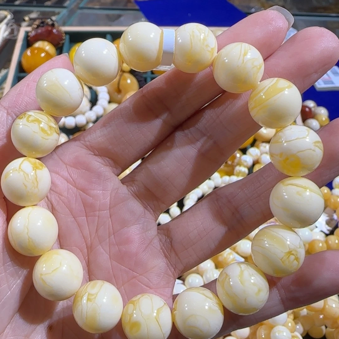 琥珀未镶嵌裸石13.3mm同料橘白虎皮手串