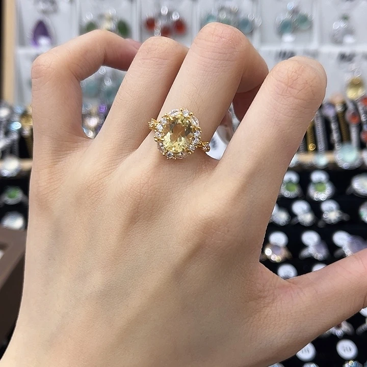 黄晶银S925镀金镶嵌戒指