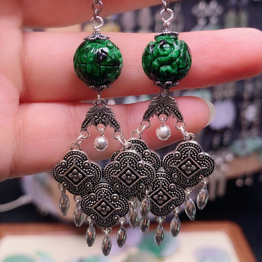 翡翠银S925镶嵌耳饰丽**川