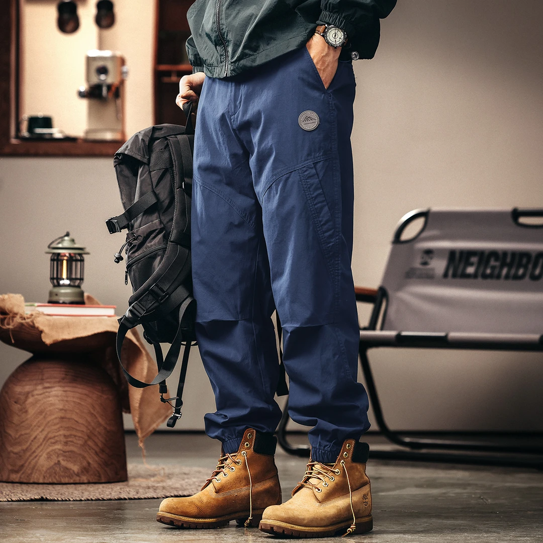 格蓝鹿高端美式复古户外宽松工装裤子男士春秋新款藏青束脚休闲裤