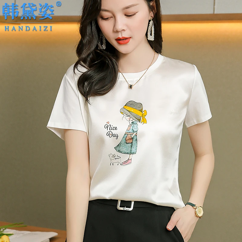 杭州重磅真丝拼接t恤女短袖2025款桑蚕丝小衫白色高端显瘦上衣夏