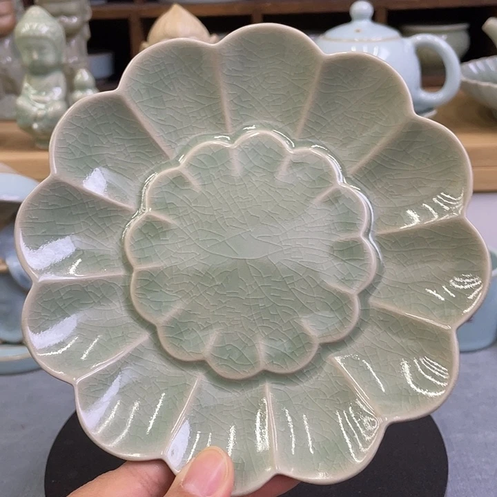 杯子陶瓷微瑕菊花碟仿古绿釉