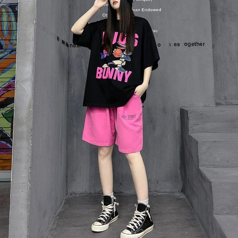 特大码300斤胖妹妹欧货甜酷休闲套装女短袖T恤阔腿短裤两件套240