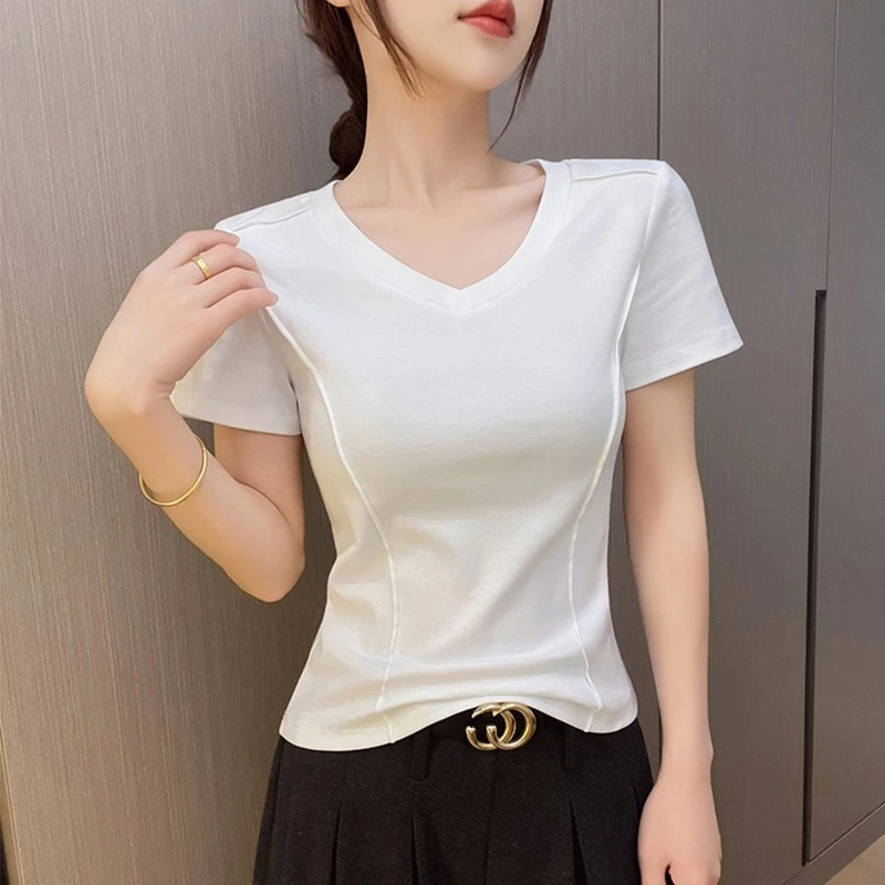 白色V领短袖t恤女夏季新款收腰鱼骨设计感百搭正肩半袖打底上衣潮