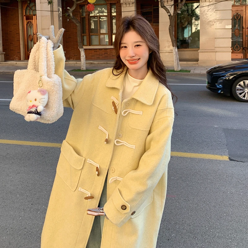 超好看黄色减龄毛呢外套女2025冬季新款学院风宽松牛角扣呢子大衣