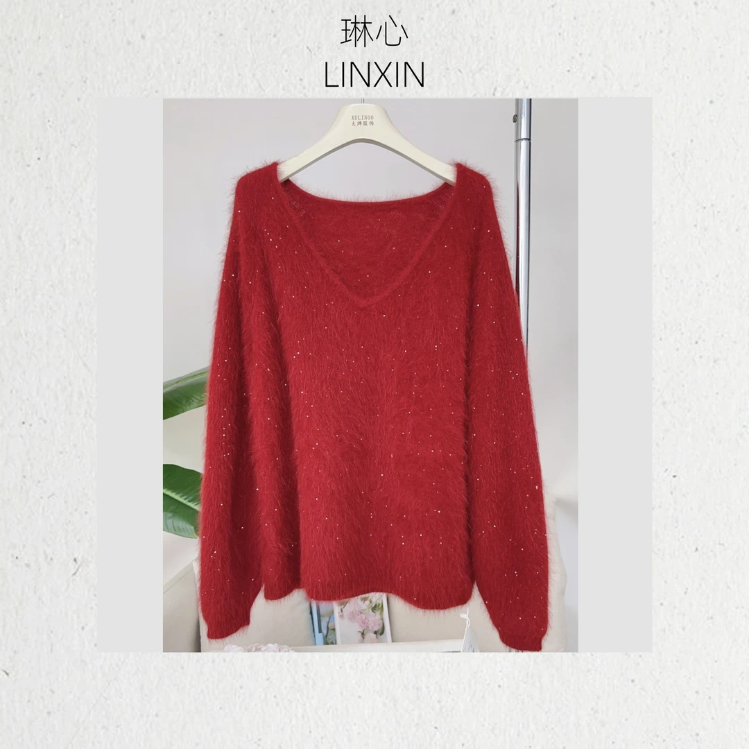 秋冬时尚女装气质轻奢正红色v领拉毛套头针织衫0029