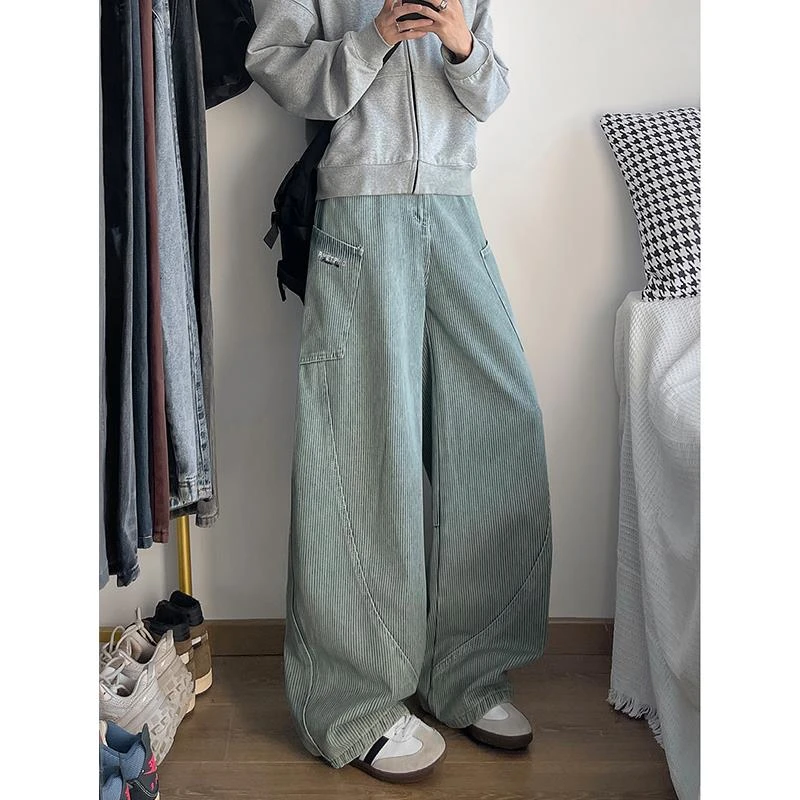 条纹弯刀牛仔裤男春秋季美式复古cleanfit宽松休闲百搭阔腿直筒裤