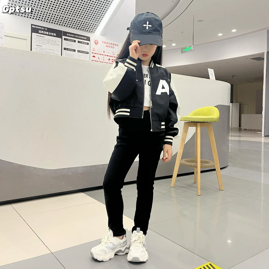 GPTSu女童中大童2025春秋季款短款夹克机车服棒球服外套休闲上衣