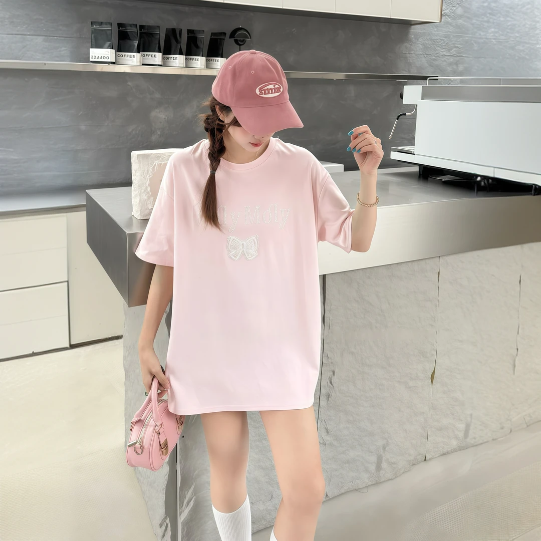 2025圆领中长款短袖烫钻上衣T恤女休闲百搭时尚宽松显瘦简单XSS03