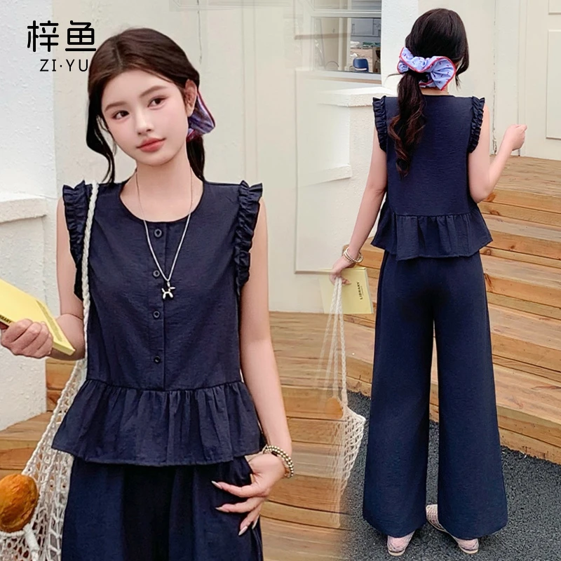 时尚洋气无袖短款上衣休闲阔腿裤两件套亚麻宽松套装女2025夏薄款