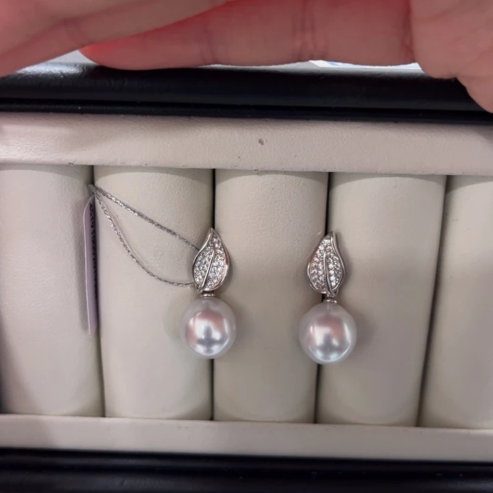 海水珍珠上新澳白叶子耳坠10-11mm银S925镶嵌