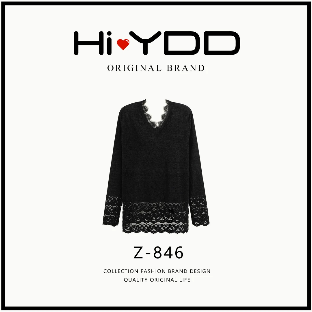 YDD•「Z-846」冬季新款百搭时尚V领纯色镂空蕾丝套头上衣女XL-1013