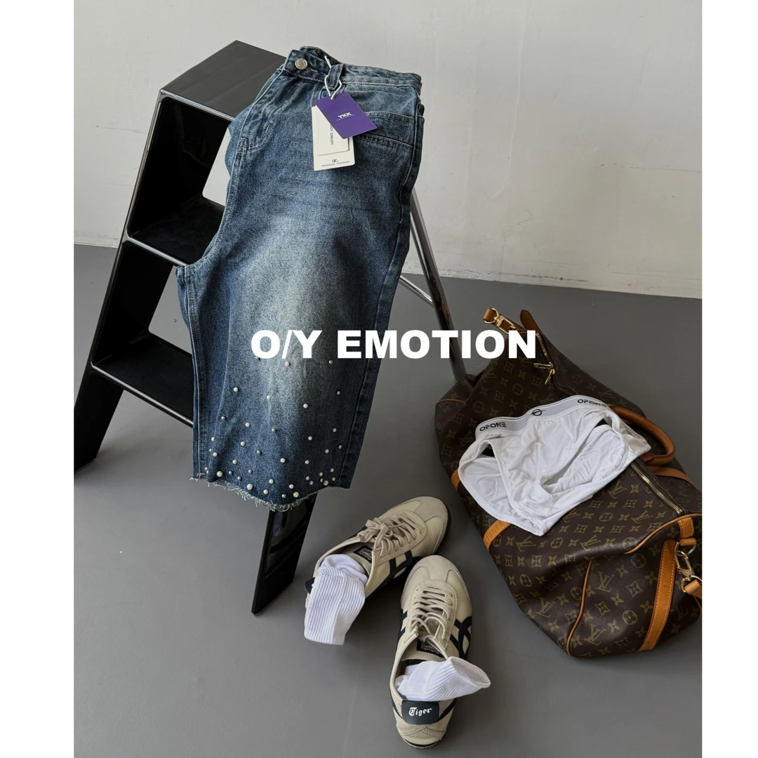 O/Y自制 美式小众镶珍珠颗粒设计感七分牛仔裤男女宽松阔腿休闲裤