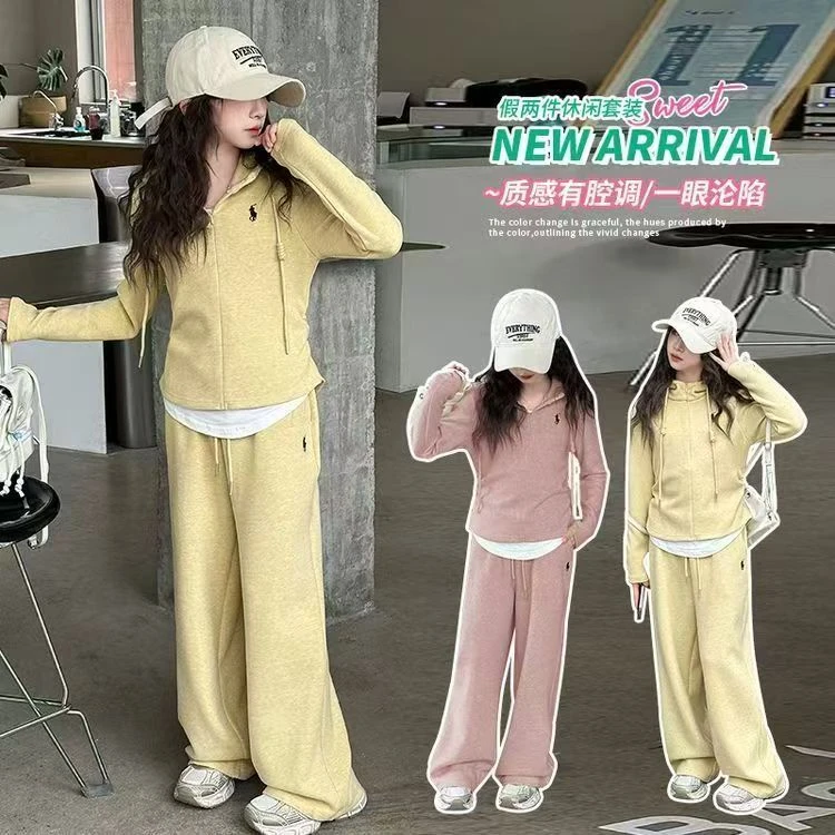 女童春季套装2025春秋新款洋气休闲中大童时尚半拉链连帽两件套潮