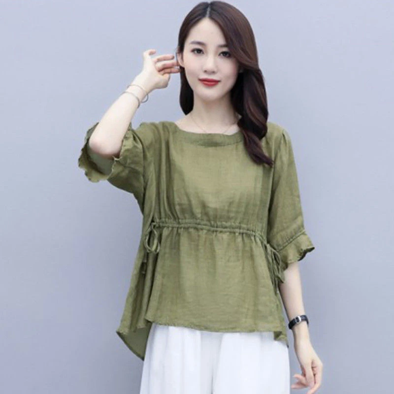 棉麻上衣女荷叶边短袖夏季新款韩版收腰显瘦大码洋气宽圆领衬衫女