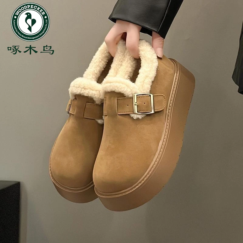 啄木鸟厚底加绒全包勃肯鞋女冬2025新款一脚蹬毛毛棉鞋子加厚保暖