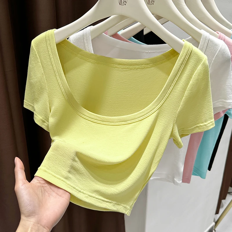 法式方领短袖t恤女夏季纯色高级感小个子甜辣上衣高腰紧身时尚nis