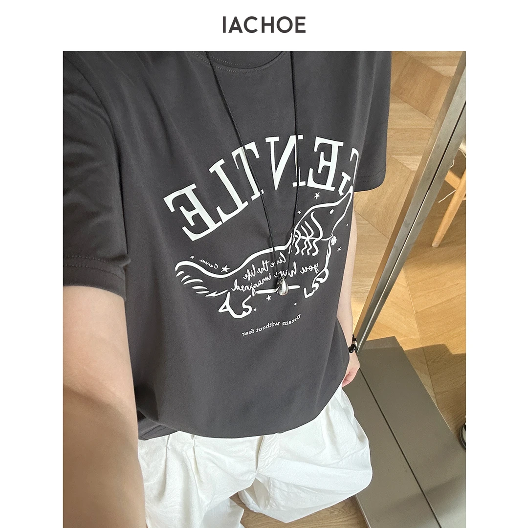 IACHOE【深灰线条狗狗】纯棉时尚夏季短袖印花圆领T恤3631501030