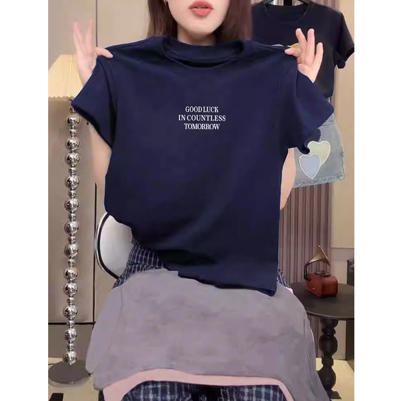 2025新款正肩圆领短袖t恤女设计感时尚百搭藏青色打底衫上衣夏季