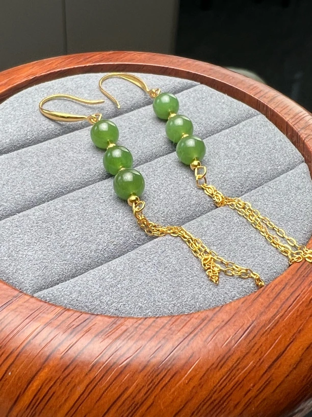 和田玉碧玉冰阳绿s925圆珠长款流苏耳坠优雅精美耳饰