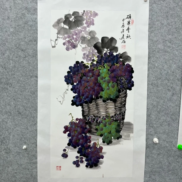 手绘葡萄国画三尺竖版紫气东来客厅中堂玄关挂画一览丰硕50/100cm