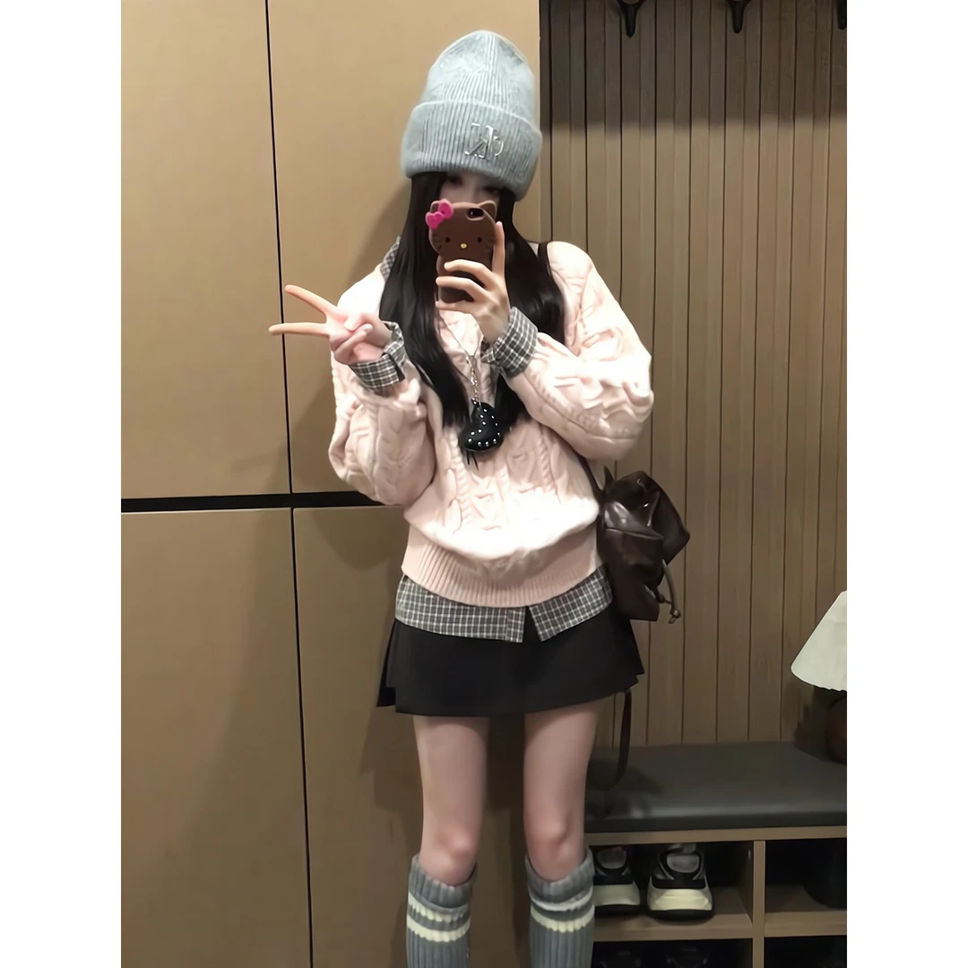 韩系穿搭粉色圆领套头麻花针织衫绝美上衣西装半身裙百搭a字裙裤