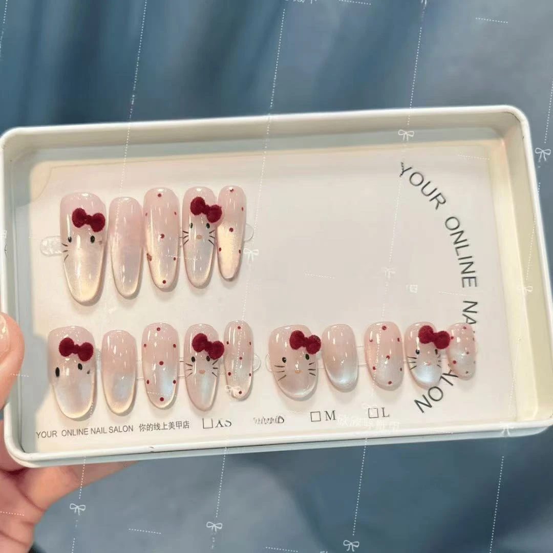 丝绒KT猫-Hand-painted clear bow 纯手工穿戴甲 10片装