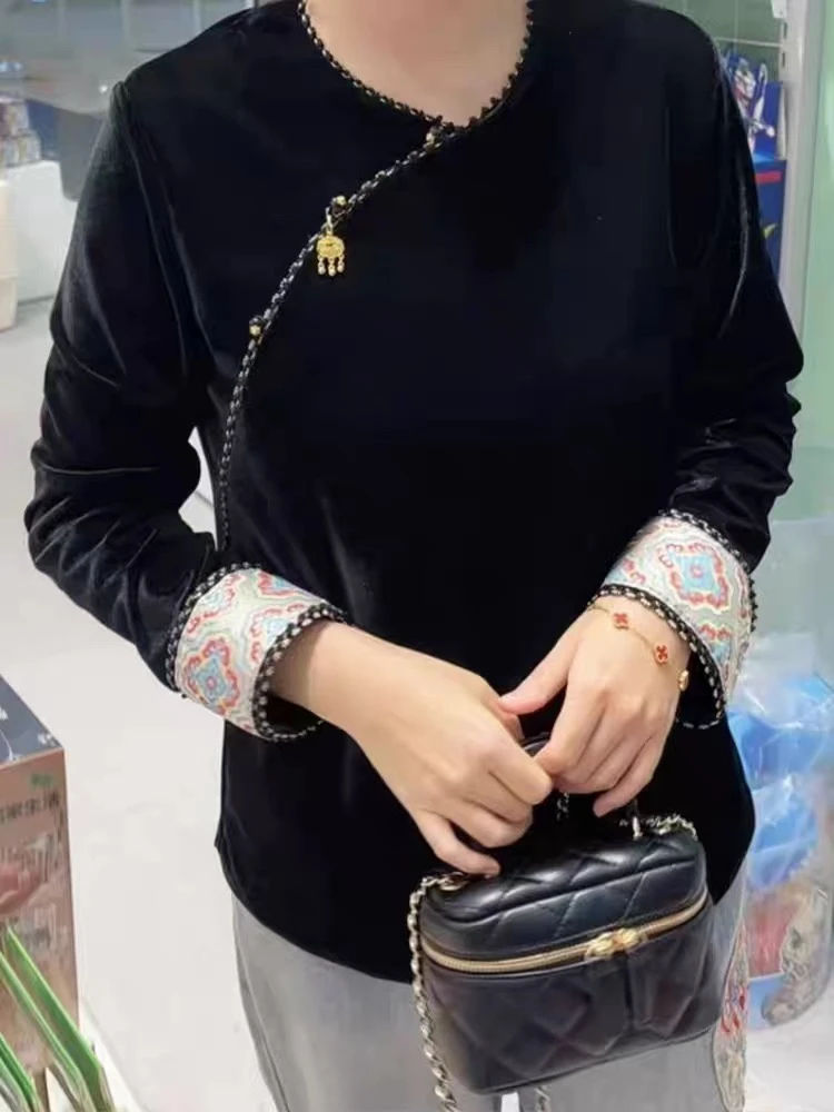 金锁刺绣新中式国风金丝绒衬衫盘扣精致长袖T恤气质百搭斜襟衬衣