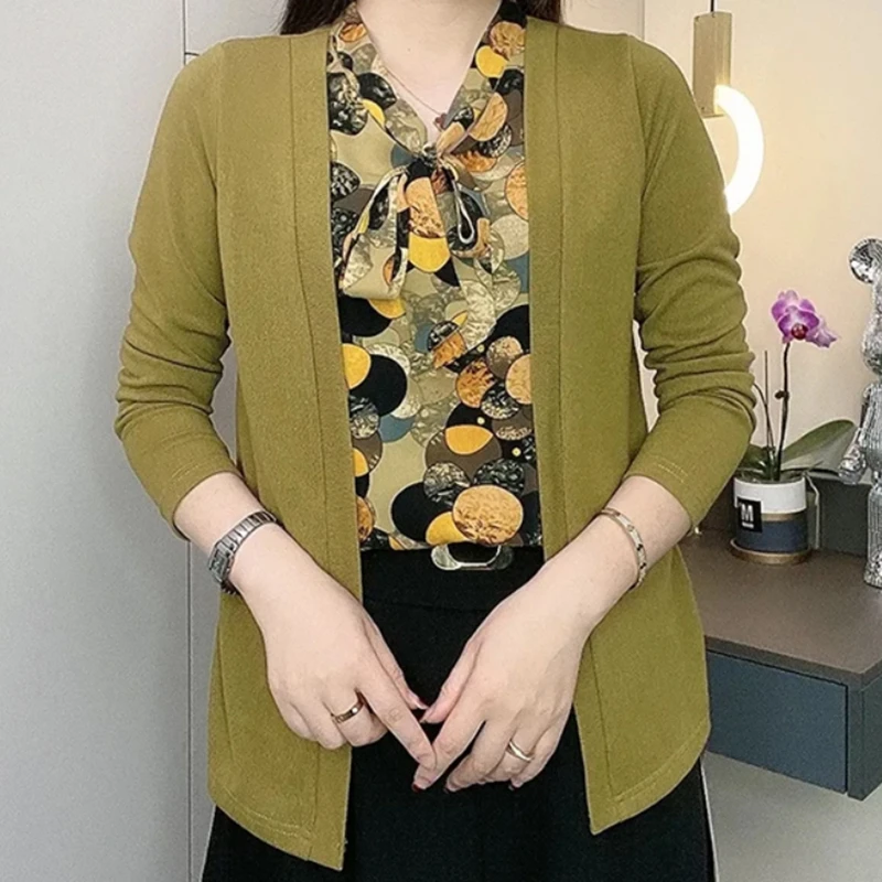 2025春季新款假两件套上衣洋气女士减龄小衫大码打底衫系带T恤女