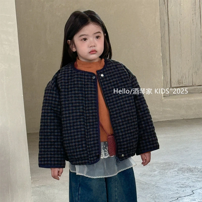 女童森系复古格子棉服冬季新品韩系女宝宝潮范夹棉短款棉外套洋气