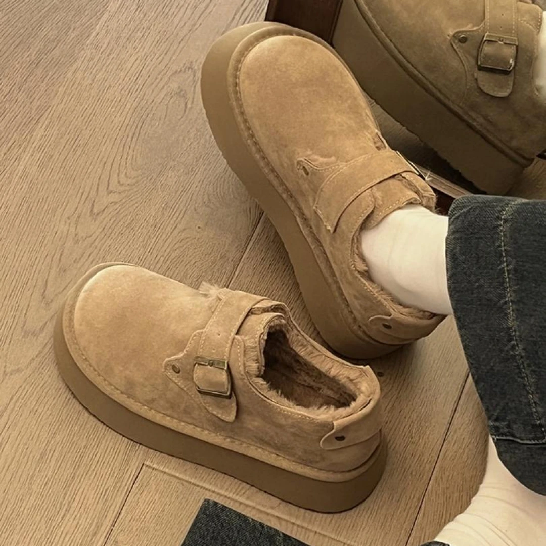 勃肯棉鞋女冬季加绒外穿2025新款一脚蹬厚底增高大头面包鞋雪地靴