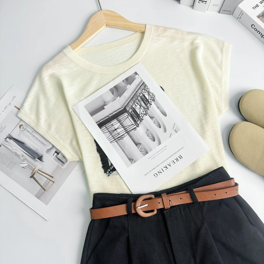 玲姐定制-字母亮片款休闲宽松薄款微透小飞袖针织短袖113020