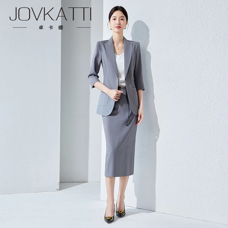 2025夏季薄款新款时尚气质职业女裙西装上衣套装高级感灰色工作服