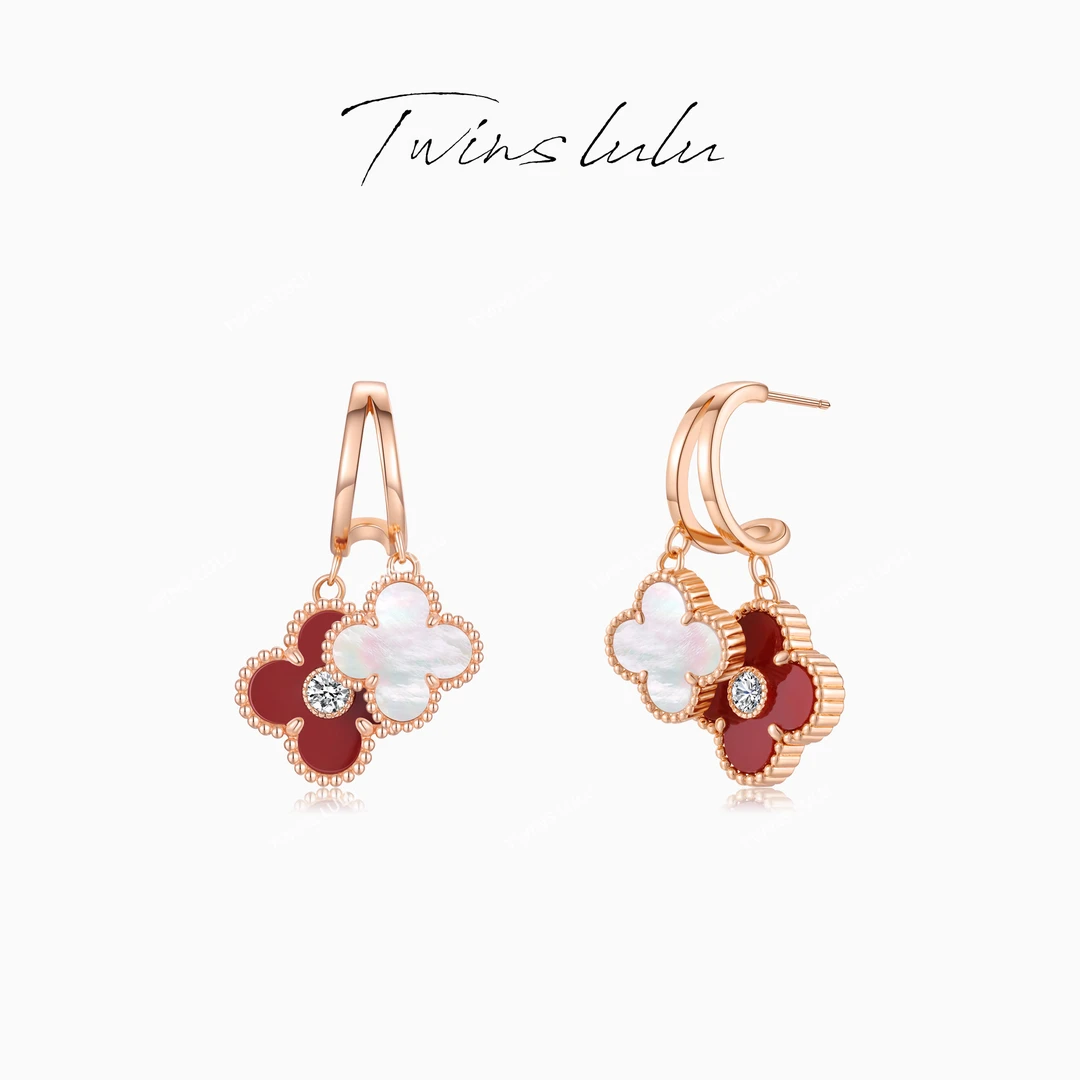 TWINS LULU流光风秋上新小众贵气感手工精镶双色四叶耳环TSL2682