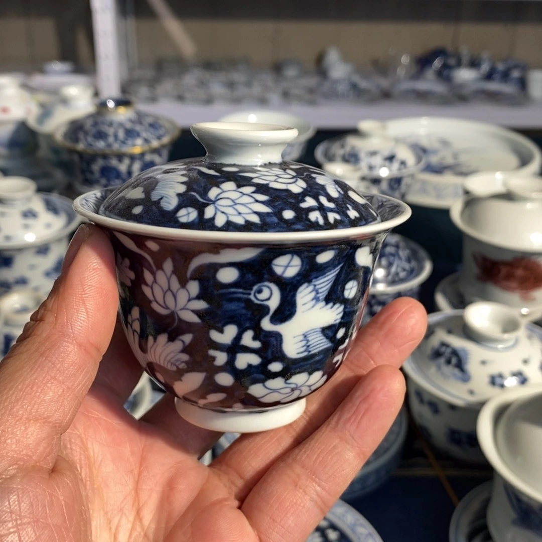 景德镇清仓特价手绘 一鹭满工盖碗