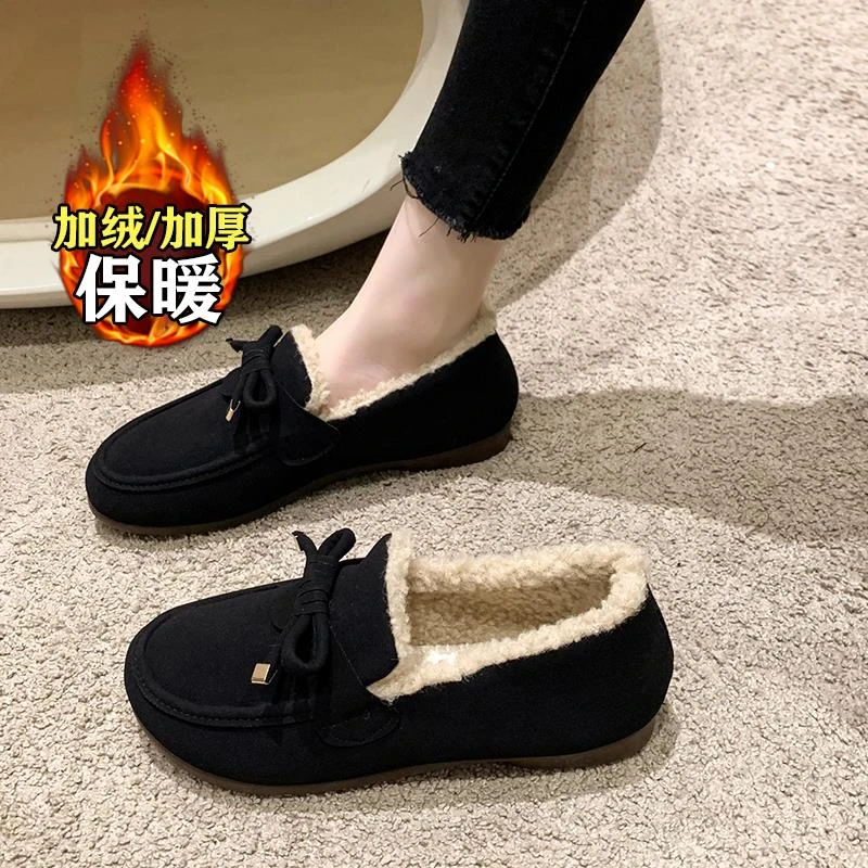 加绒保暖豆豆鞋女2025年新款冬季一脚蹬软底防滑懒人鞋黑色二棉鞋