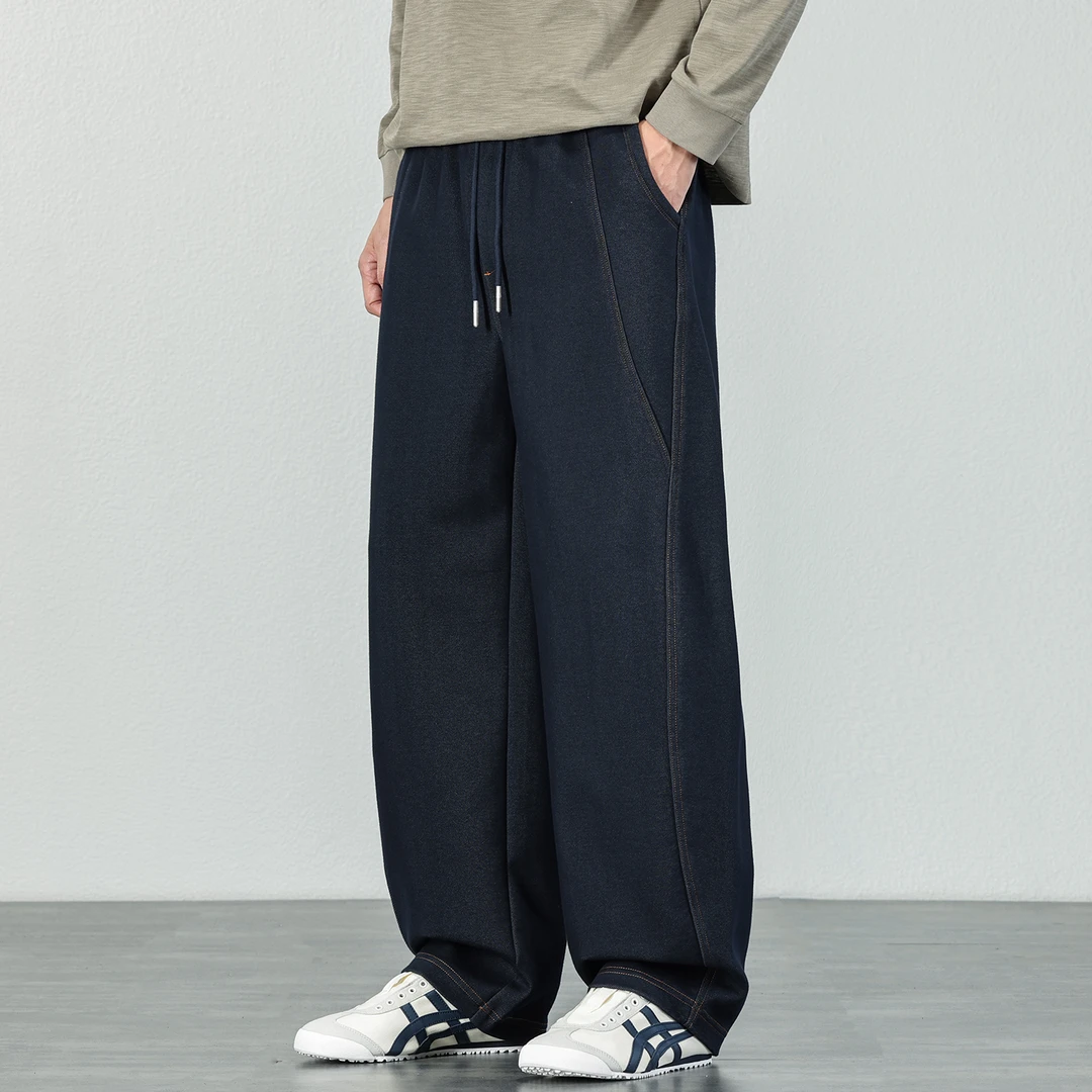 抽绳弯刀牛仔裤男士2025秋冬宽松加绒直筒裤潮牌复古拼接长裤子男