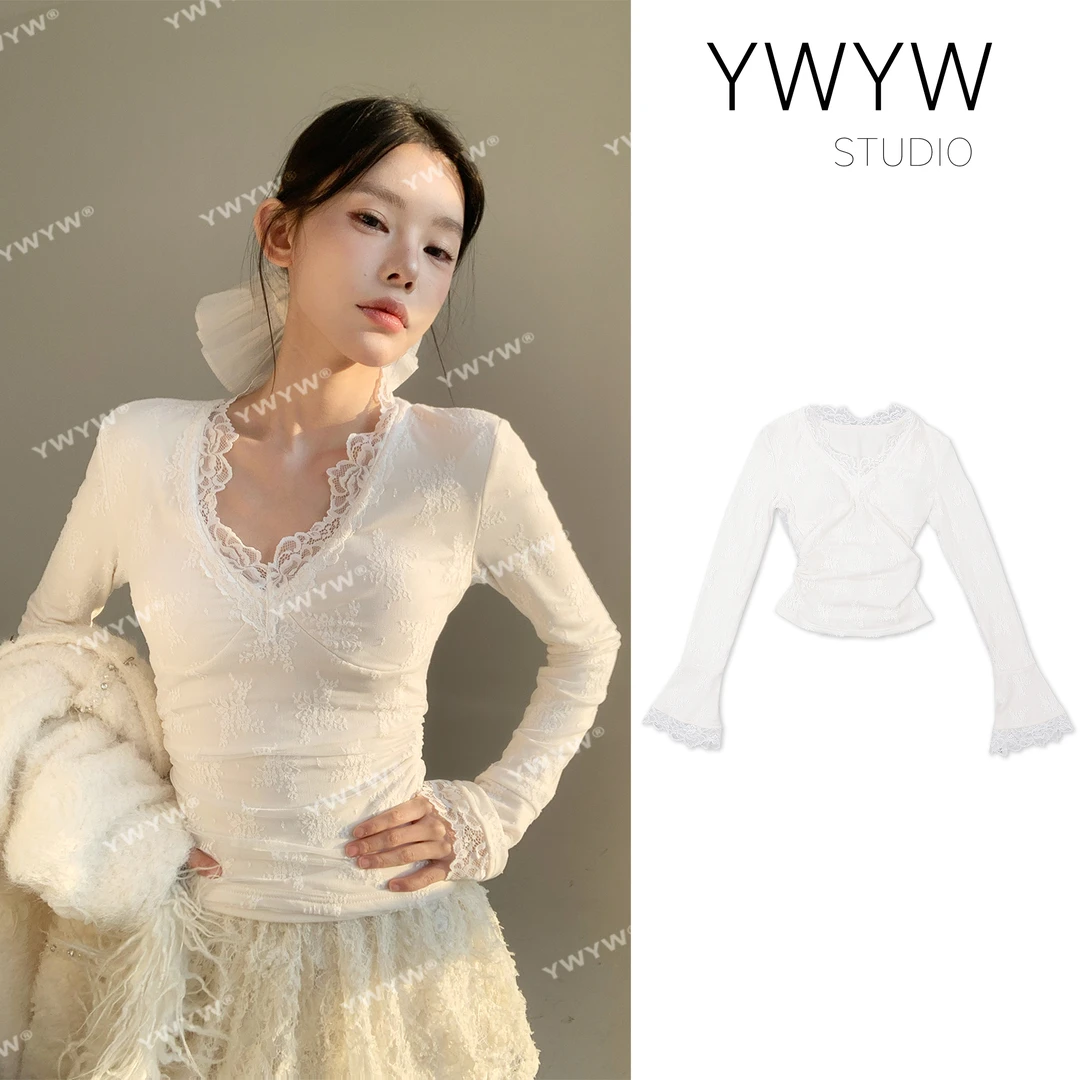 【YWYW25S/S】亲肤绒感胸垫一体褶边蕾丝花苞袖体恤打底内搭3557