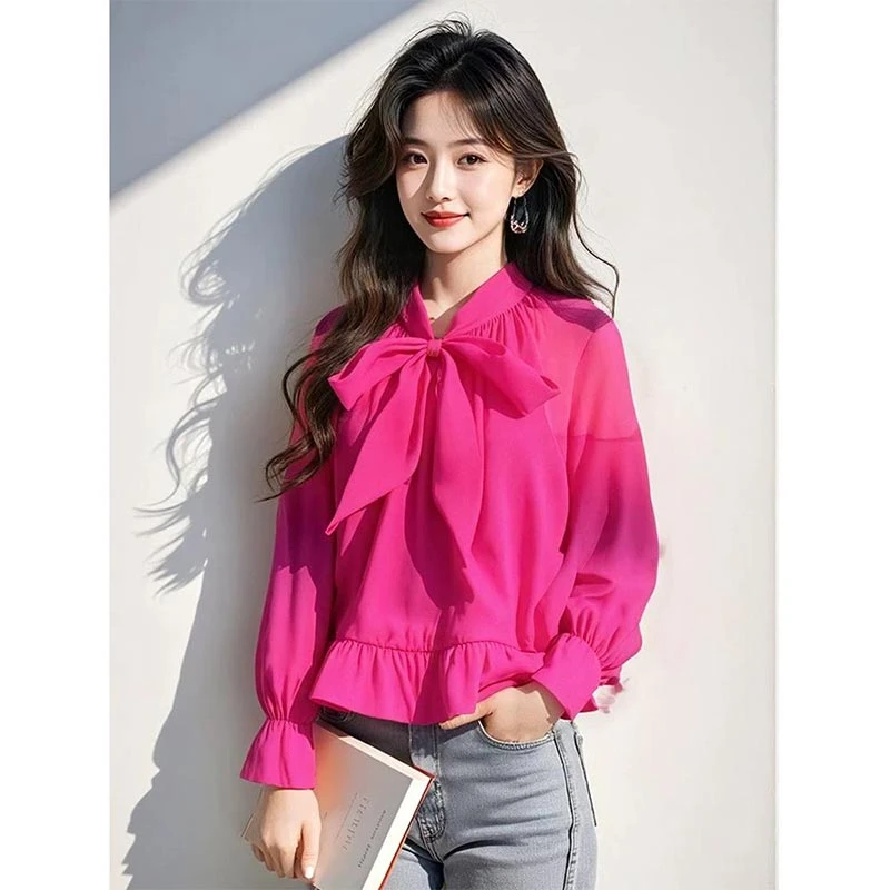 2025年春秋韩式新款气质灯笼长袖圆领蝴蝶结粉色衬衫女高级感上衣