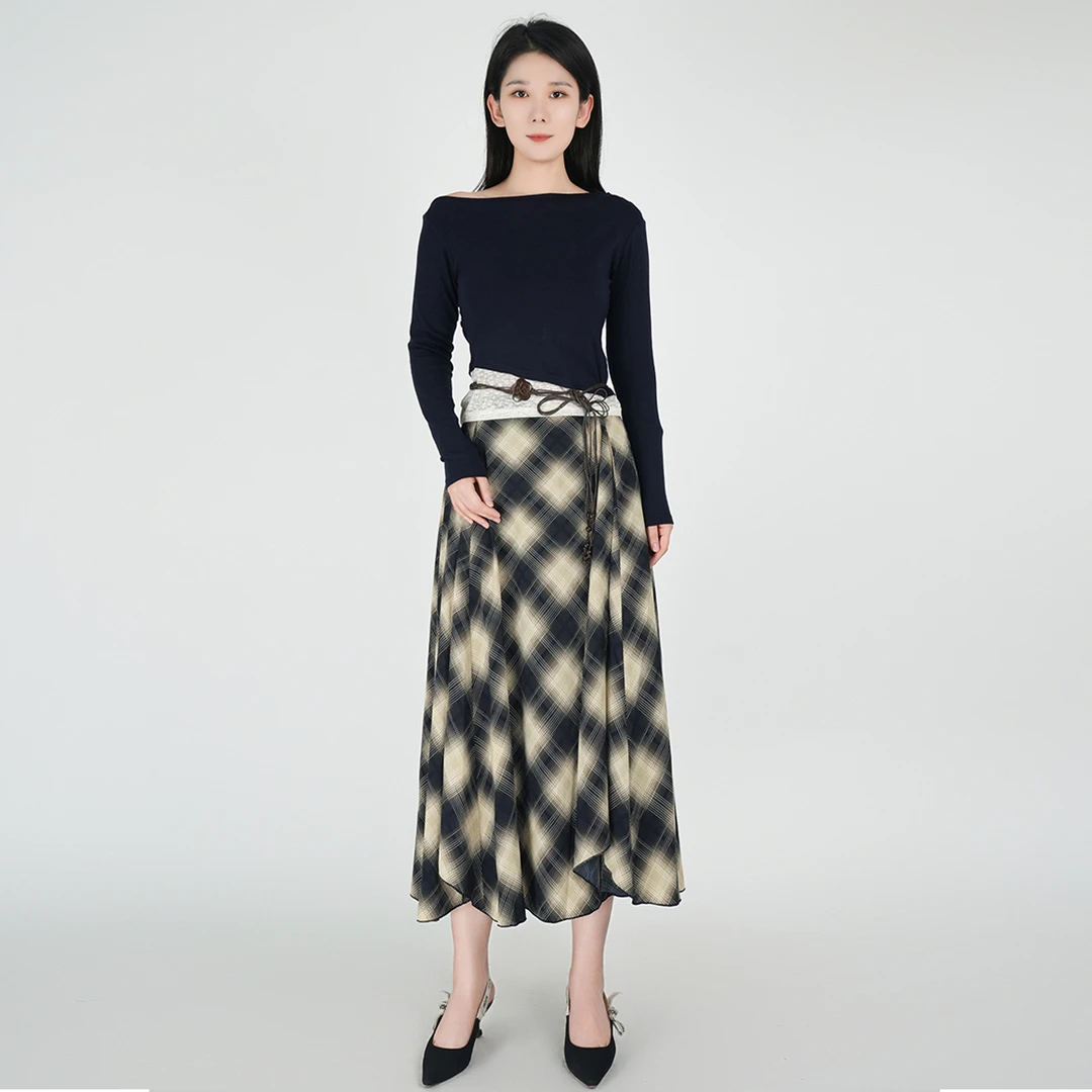 浒城古娘秋装新款时尚格子设计宽松复古套装WH0500617+WH0500618