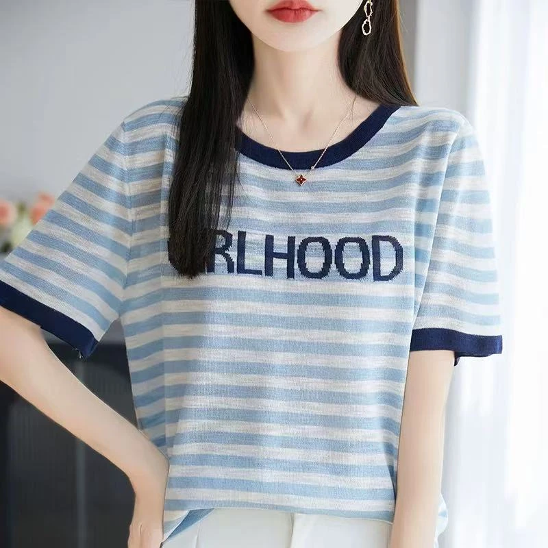 397【浅蓝 字母  圆领短袖】高级气质针织女衫