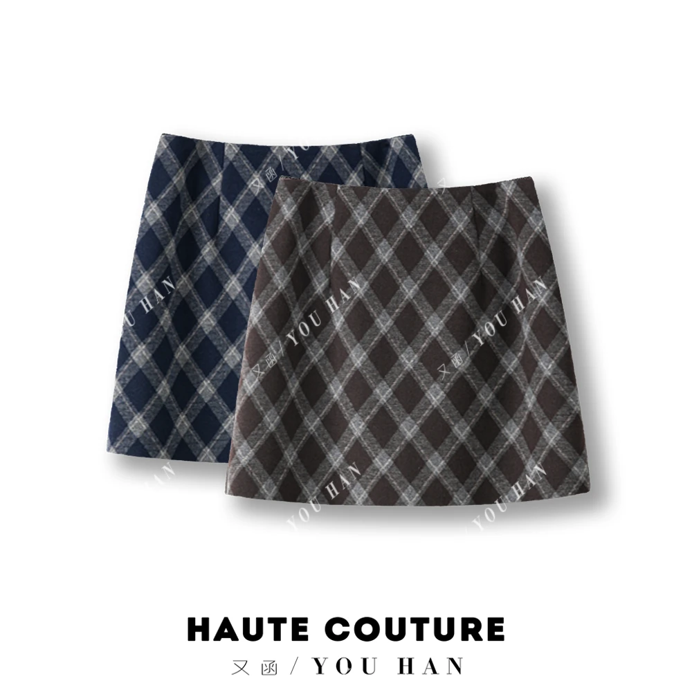 秋冬格纹格子半身裙毛呢菱形格短裙韩系复古百搭气质设计感格子裙
