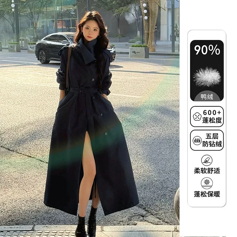 25年风衣羽绒新款修身型立领长款中长款长袖黑色显瘦蓬松保暖翻领