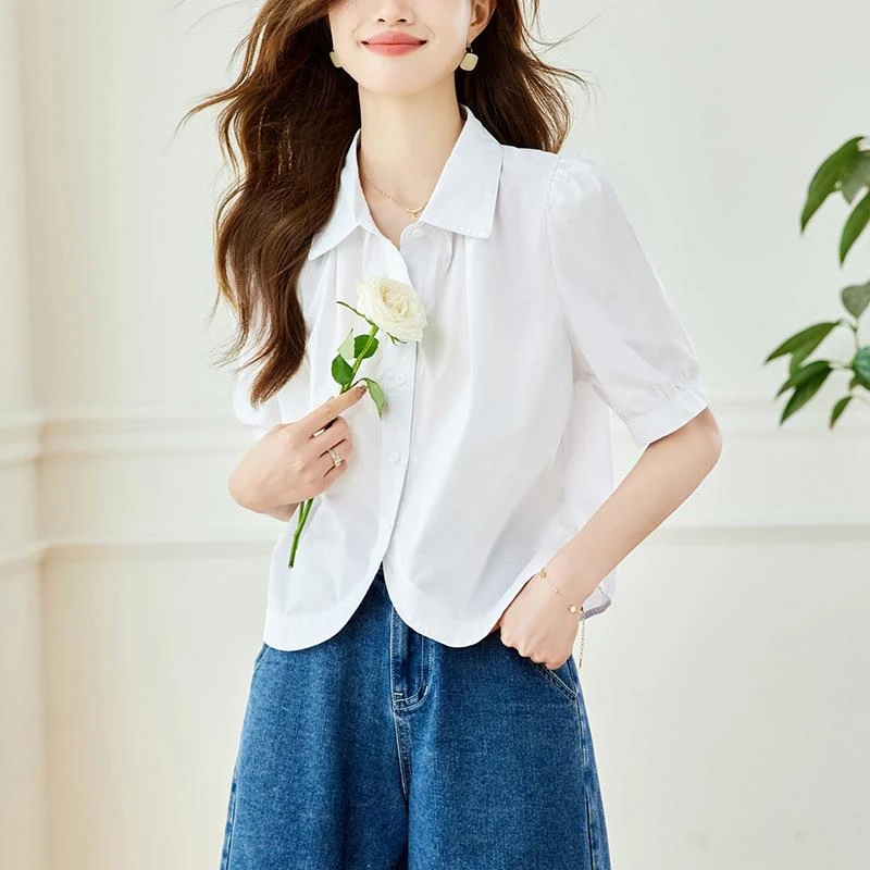 2025夏季新款设计感小众衬衫翻领纯棉白色衬衫女短袖气质短款上衣