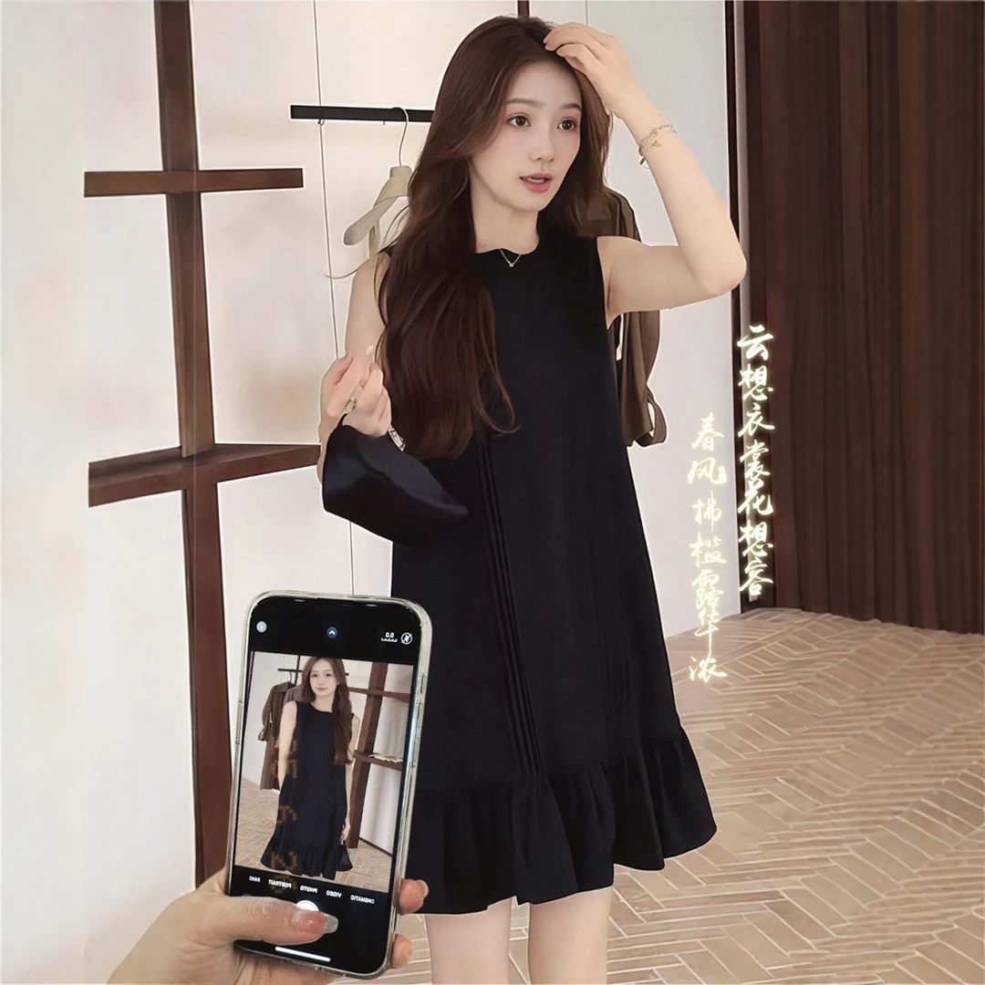E353法式赫本风无袖连衣裙女夏季胖mm宽松气质时尚黑色鱼尾短裙子
