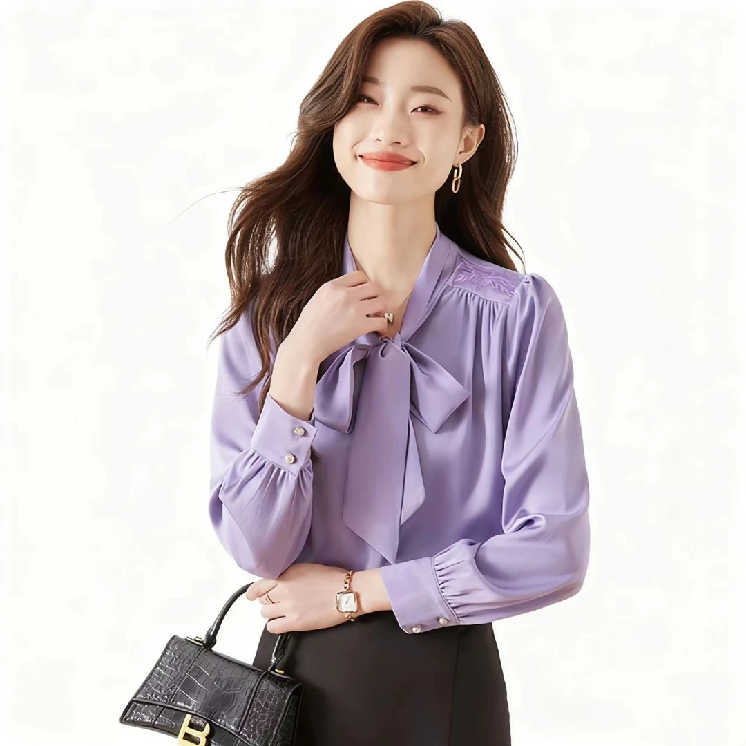 Q6725白衬衫女长袖蝴蝶结飘带法式上衣新款洋气时尚